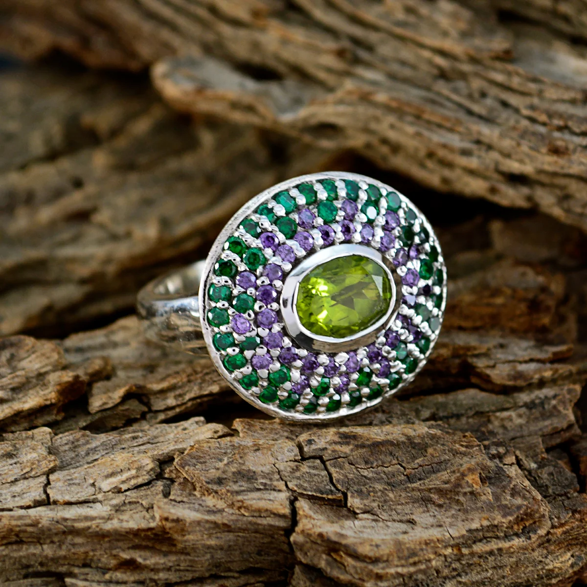 Peridot Halo French Sterling Silver Green Gemstones Eye-catching Trendy Ring Jewellery - Image 3