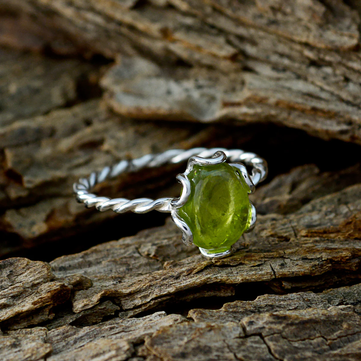Peridot Solitaire American 925 Sterling Silver Green Gemstone Elegant Twist Ring Jewelry - Image 3