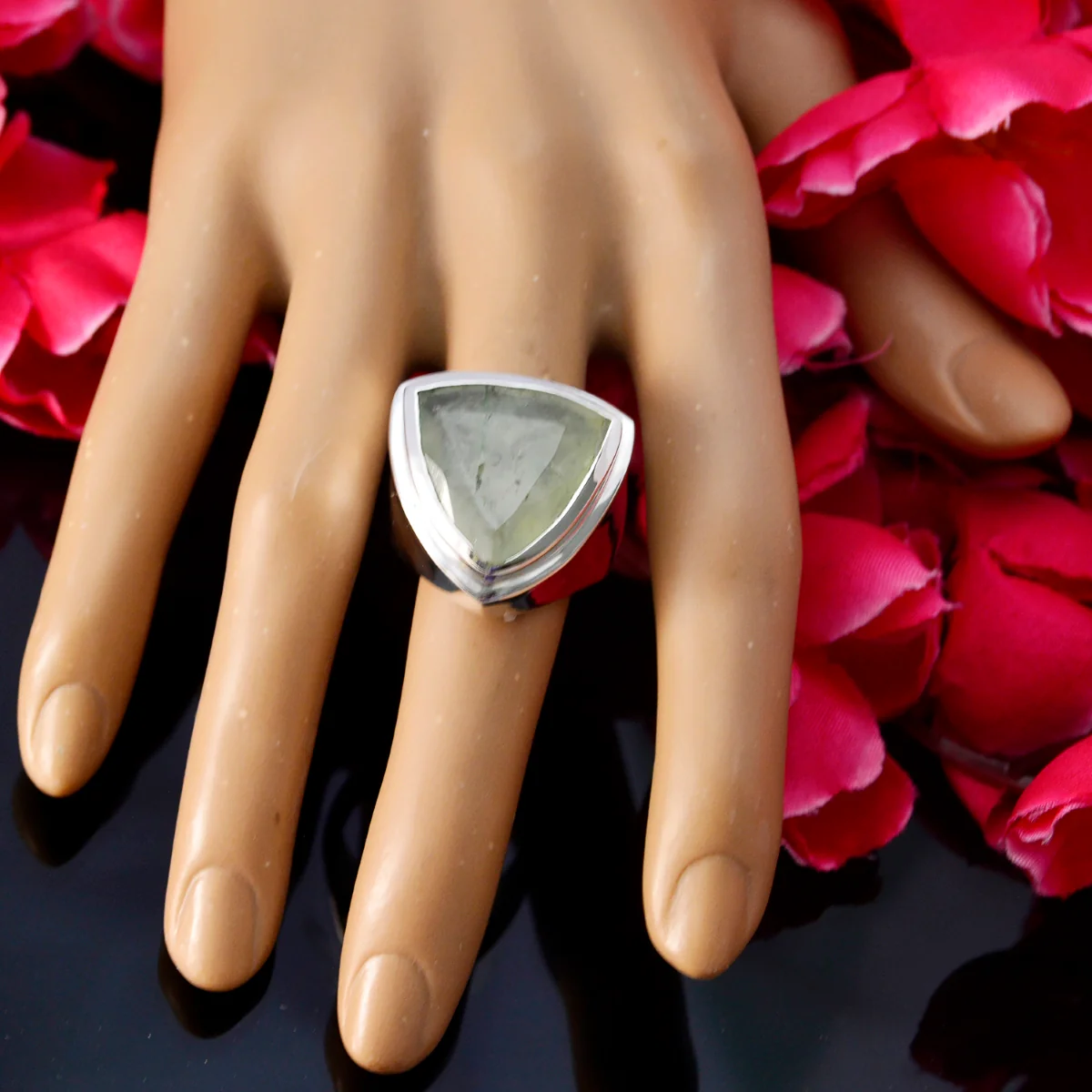 Prehnite Solitaire Egyptian 925 Sterling Silver Green Gemstone Chunky Cocktail Ring Jewelry - Image 4