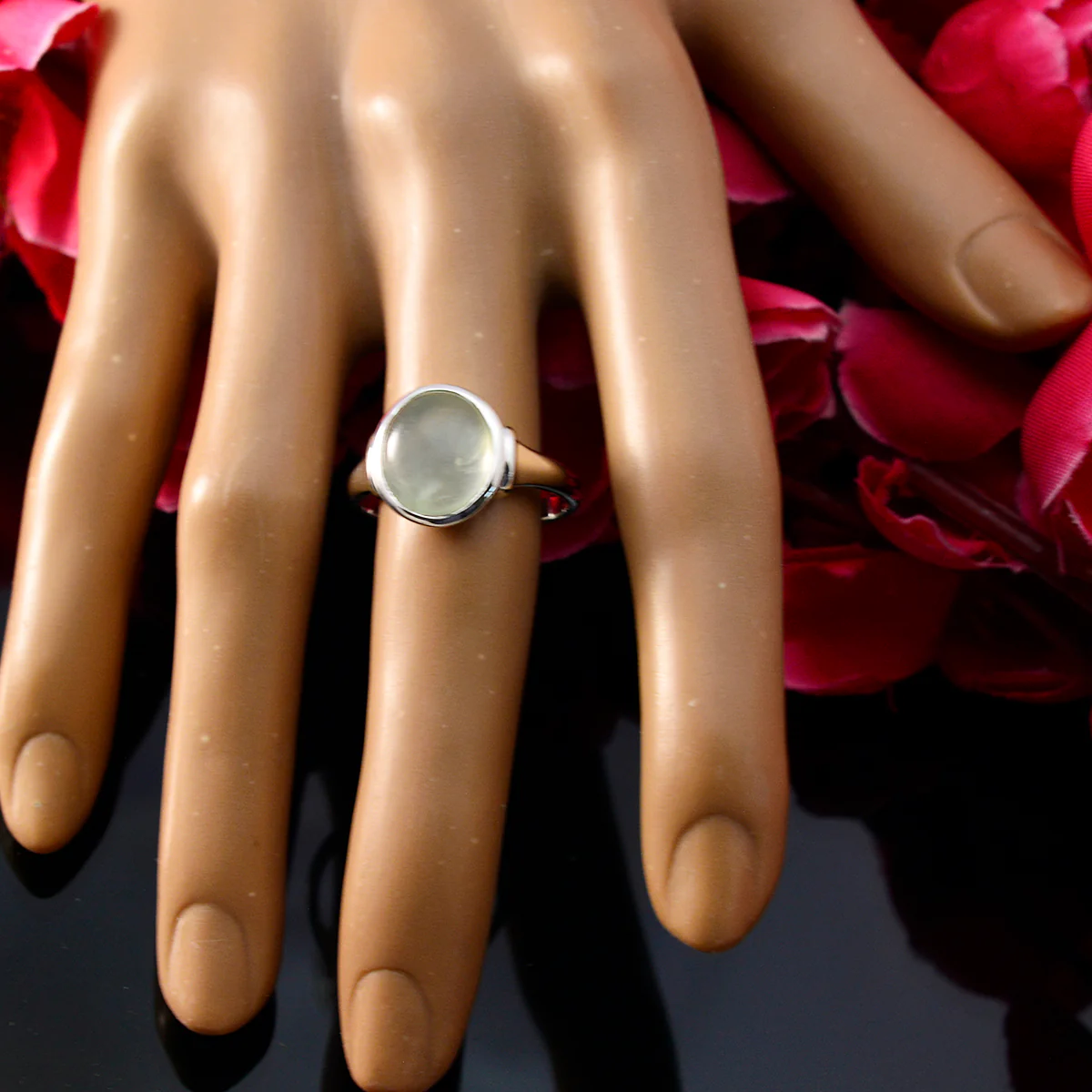 Prehnite Solitaire Russian Sterling Silver Green Gemstone Minimal Modern Ring Jewelry - Image 5
