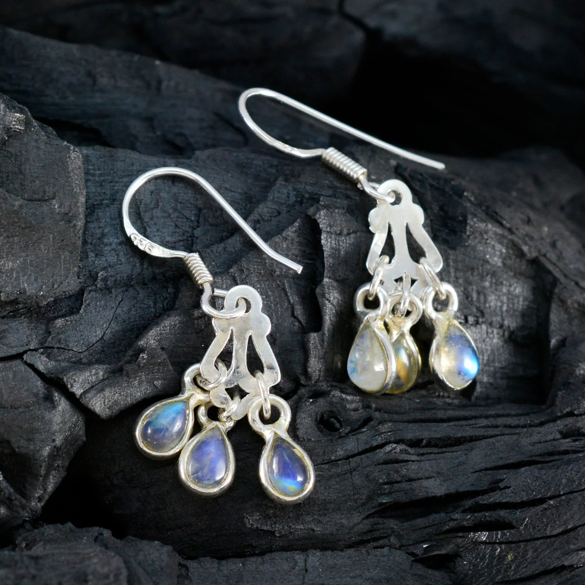 Rainbow Moonstone American María multiple Dangle White 925 Silver Earring - Image 3