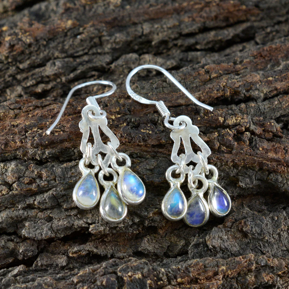 Rainbow Moonstone American María multiple Dangle White 925 Silver Earring - Image 4