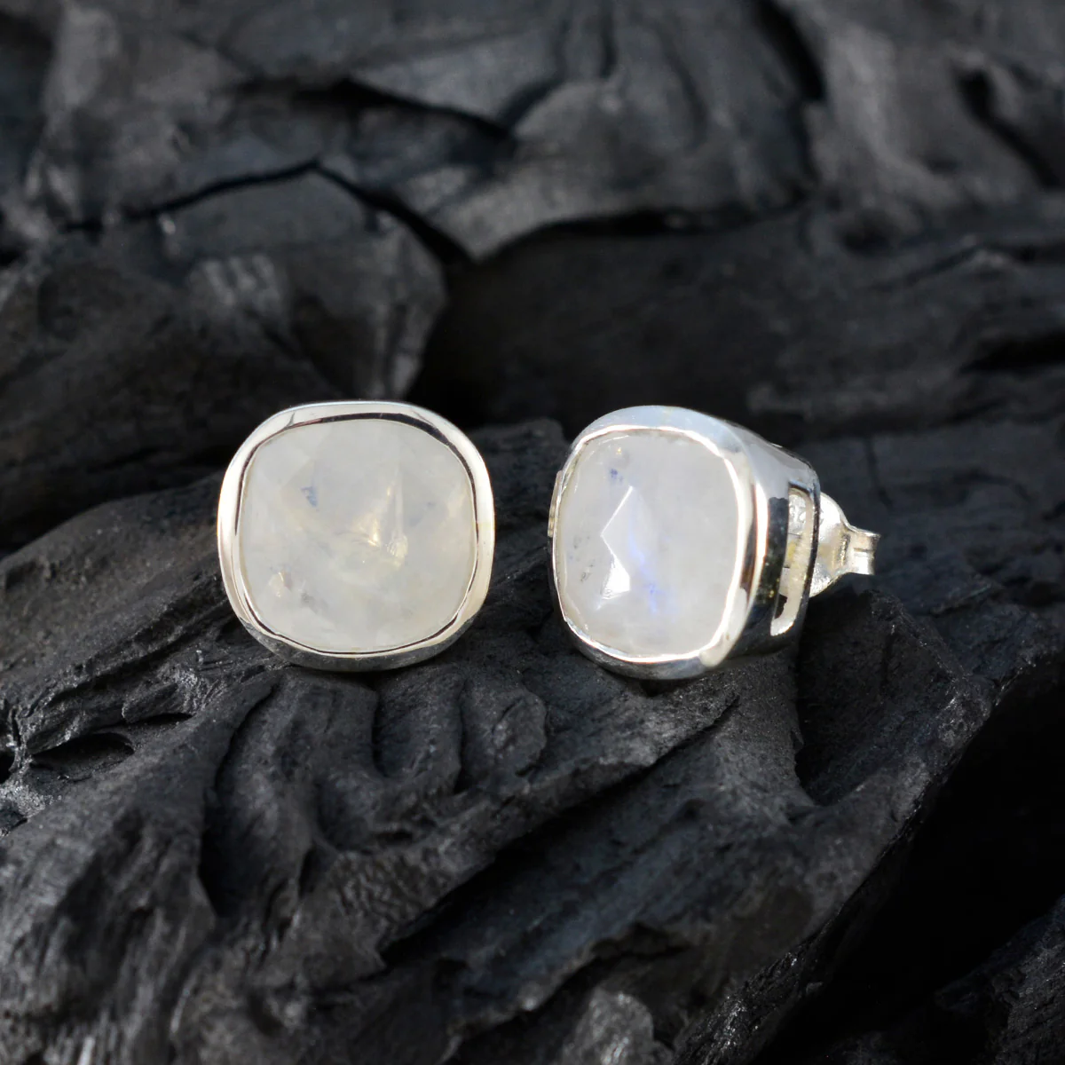 Rainbow Moonstone American Milagros Solitaire Stud White Silver Earring - Image 4