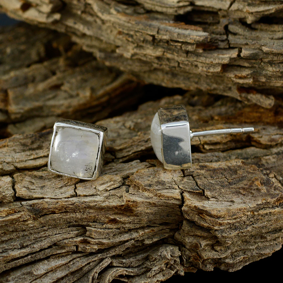 Rainbow Moonstone French Lourdes Solitaire Stud White Sterling Silver Earring - Image 3
