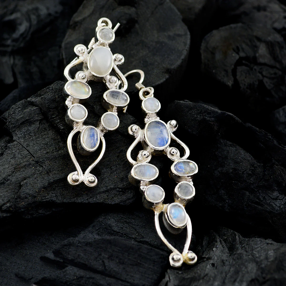 Rainbow Moonstone French Ying multiple Dangle White 92.5 Silver Earring - Image 3
