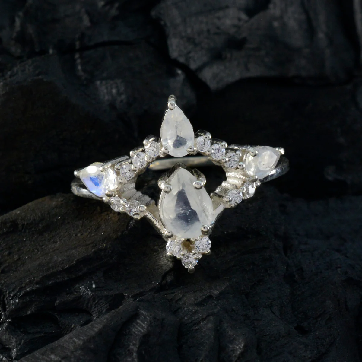 Rainbow Moonstone Halo African Silver White Gems Featherlight Graceful Ring Jewellery - Image 4