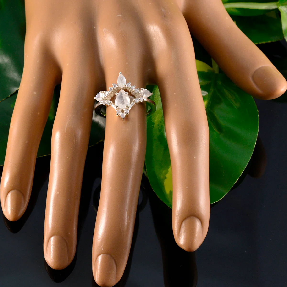 Rainbow Moonstone Halo African Silver White Gems Featherlight Graceful Ring Jewellery - Image 5
