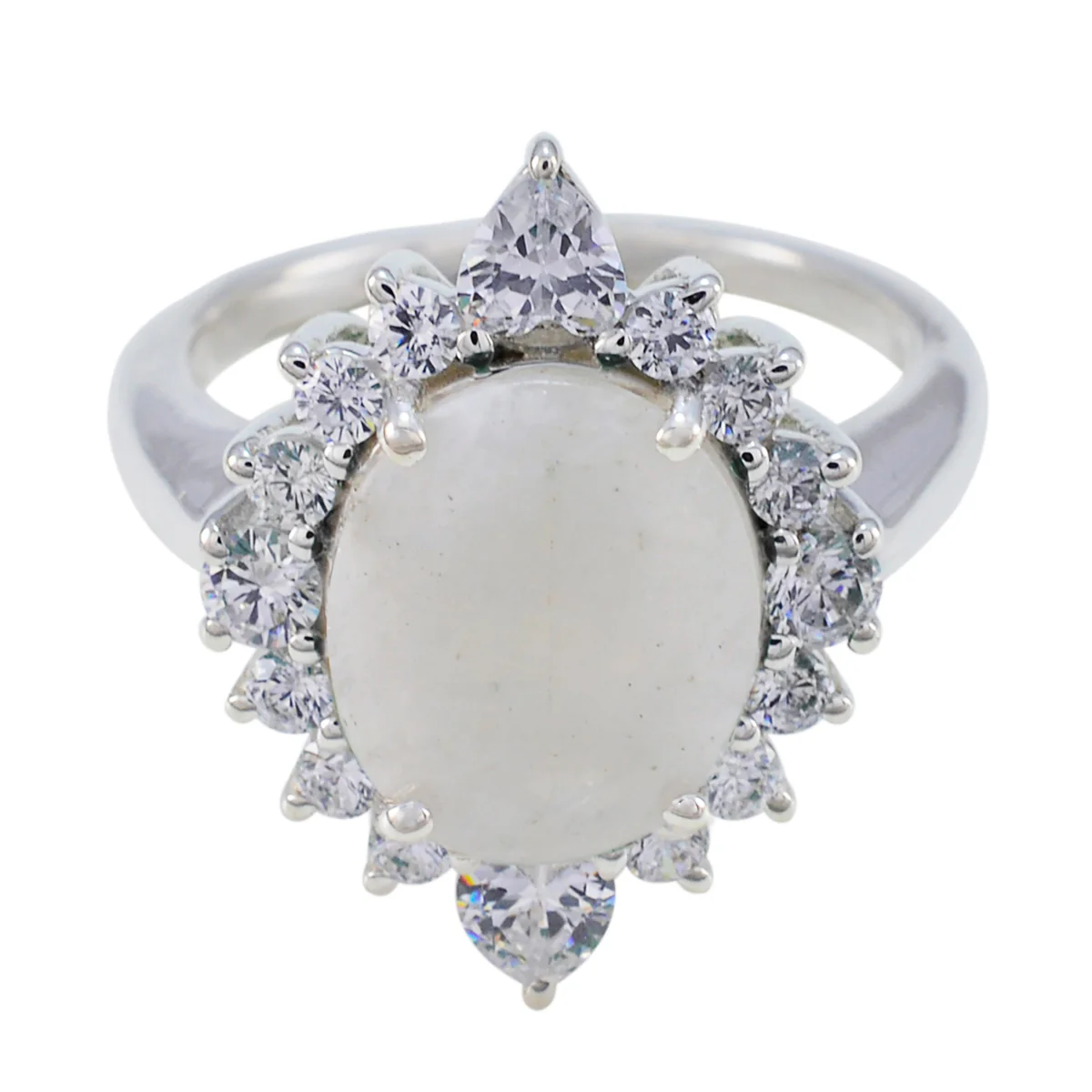 Rainbow Moonstone Halo Egyptian 925 Silver White Gemstone Eye-catching Contemporary Ring Jewellery