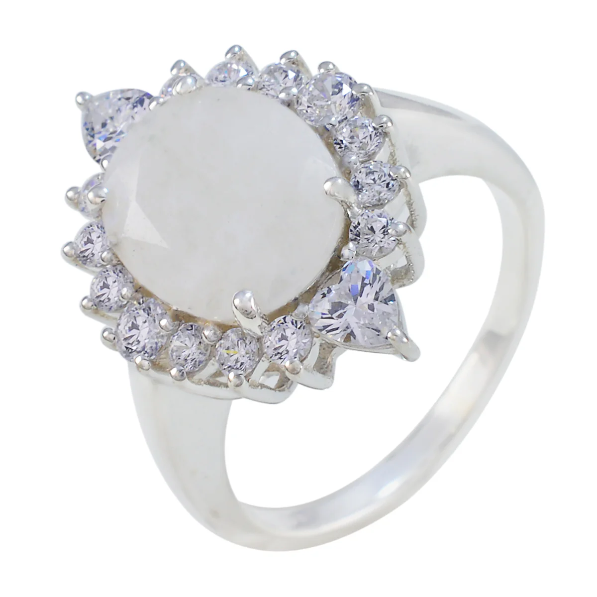 Rainbow Moonstone Halo Egyptian 925 Silver White Gemstone Eye-catching Contemporary Ring Jewellery - Image 2