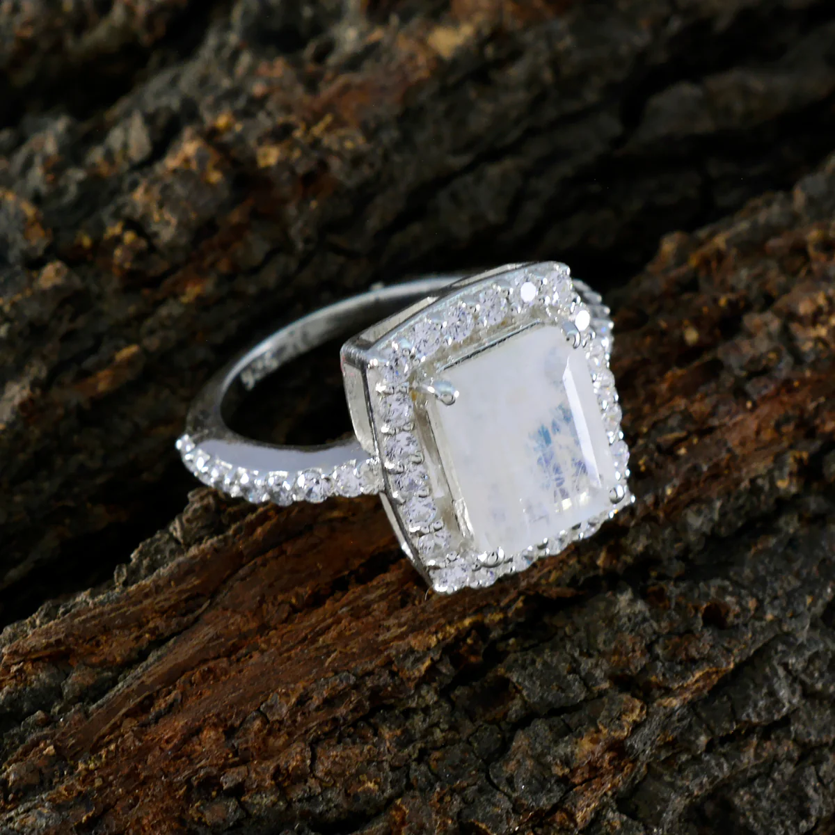 Rainbow Moonstone Halo French Sterling Silver White Gemstone Minimal Boho Ring Jewelry - Image 3