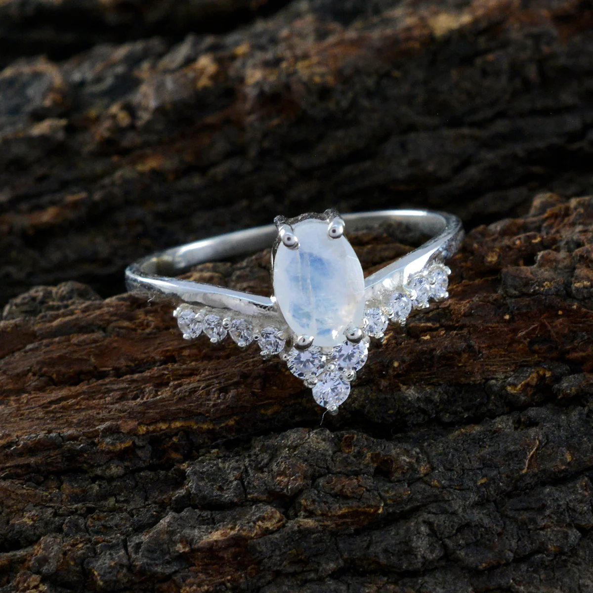 Rainbow Moonstone Halo Korean 92.5 Silver White Gemstone Delicate Sophisticated Ring Jewellery - Image 3