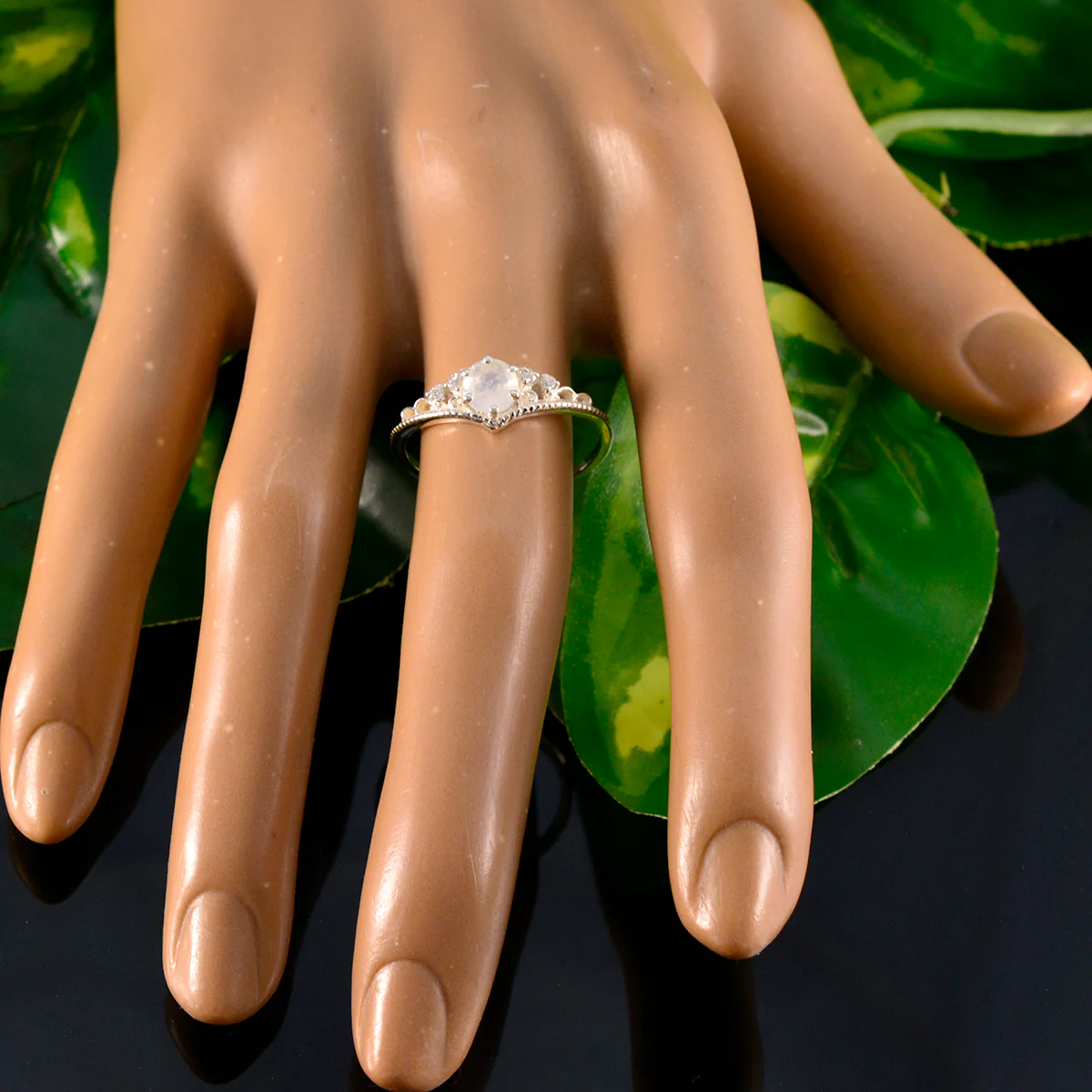Rainbow Moonstone Halo Korean Sterling Silver White Gemstones Elegant Luxurious Ring Jewelry - Image 5