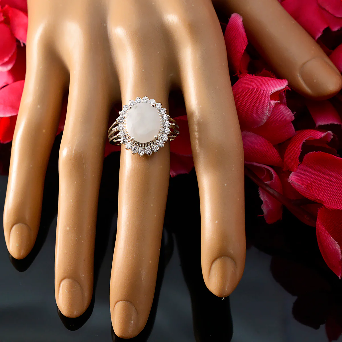 Rainbow Moonstone Halo Russian Sterling Silver White Gemstones Classic Signet Ring Jewelry - Image 5