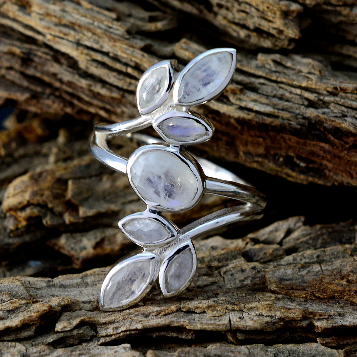 Rainbow Moonstone Hepta Egyptian 925 Silver White Gems Classic Leafy Ring Jewelry - Image 3
