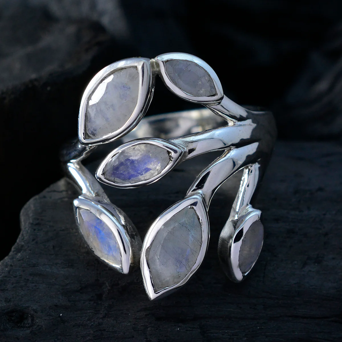 Rainbow Moonstone Hexa French 92.5 Silver White Gemstones Versatile Leafy Ring Jewelry - Image 5