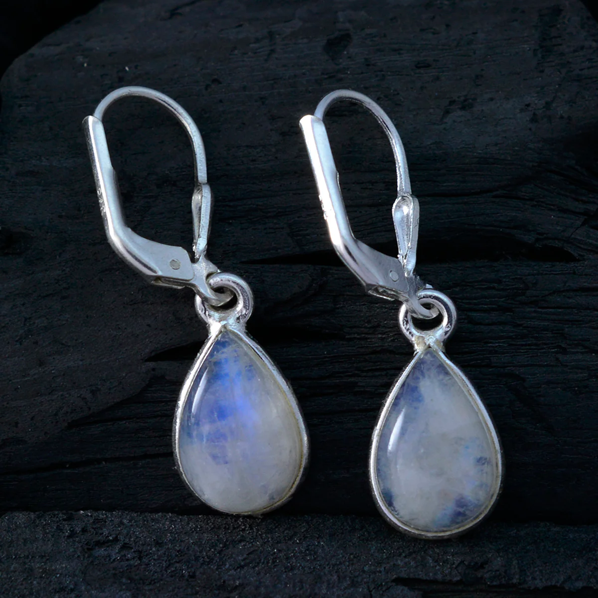 Rainbow Moonstone Japanese Mia Solitaire Dangle White Silver Earring - Image 4