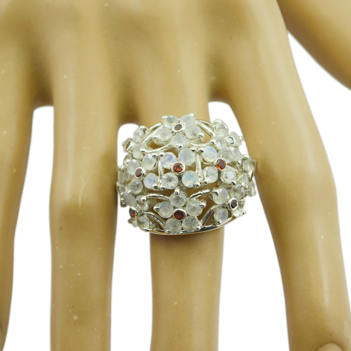 Rainbow Moonstone multiple African 925 Silver White Gemstone Statement Floral Ring Jewellery - Image 2