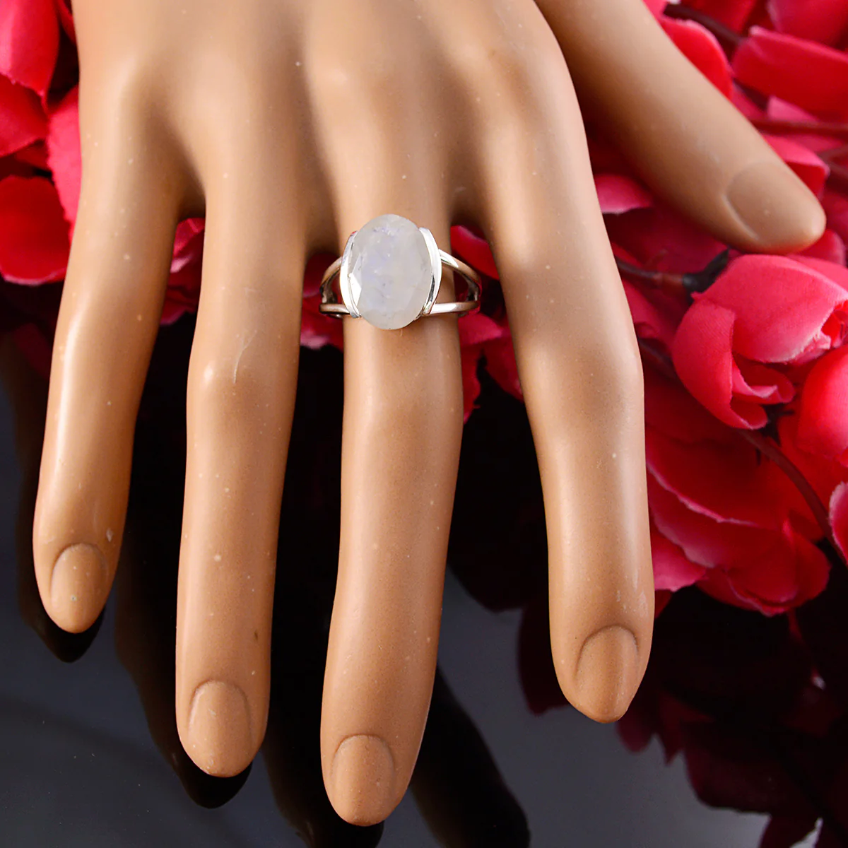 Rainbow Moonstone Solitaire French 92.5 Silver White Gemstone Mid-weight Graceful Ring Jewelry - Image 5