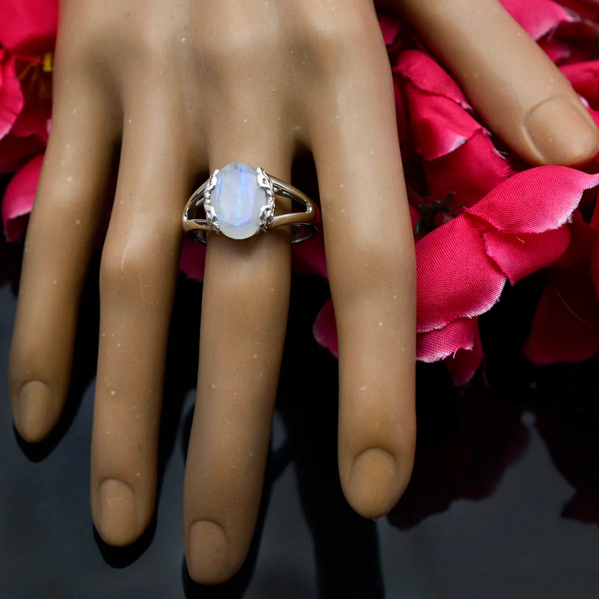 Rainbow Moonstone Solitaire French 92.5 Silver White Gemstones Mid-weight Graceful Ring Jewellery - Image 3