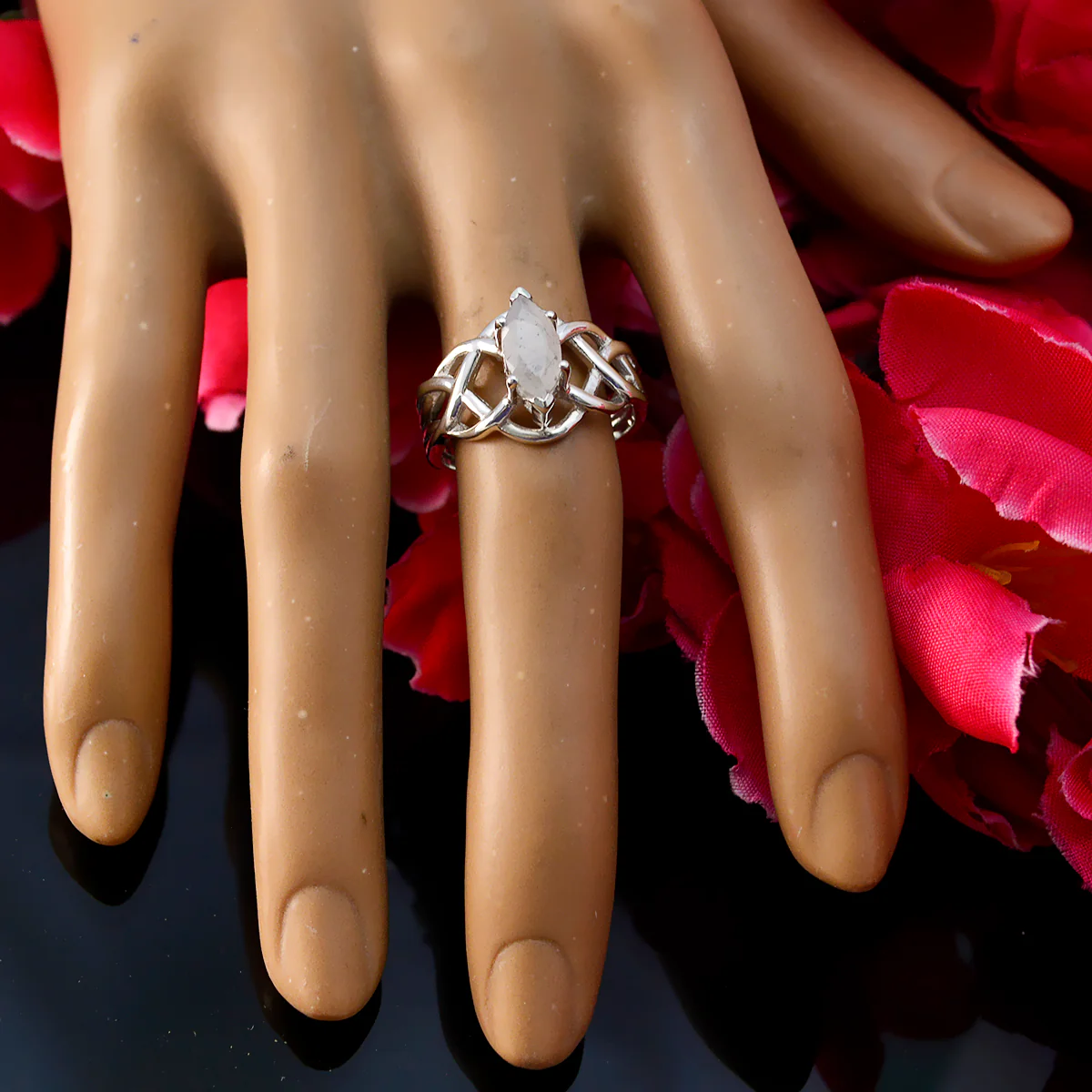 Rainbow Moonstone Solitaire French 925 Silver White Gemstone Tiny Art Deco Ring Jewellery - Image 5
