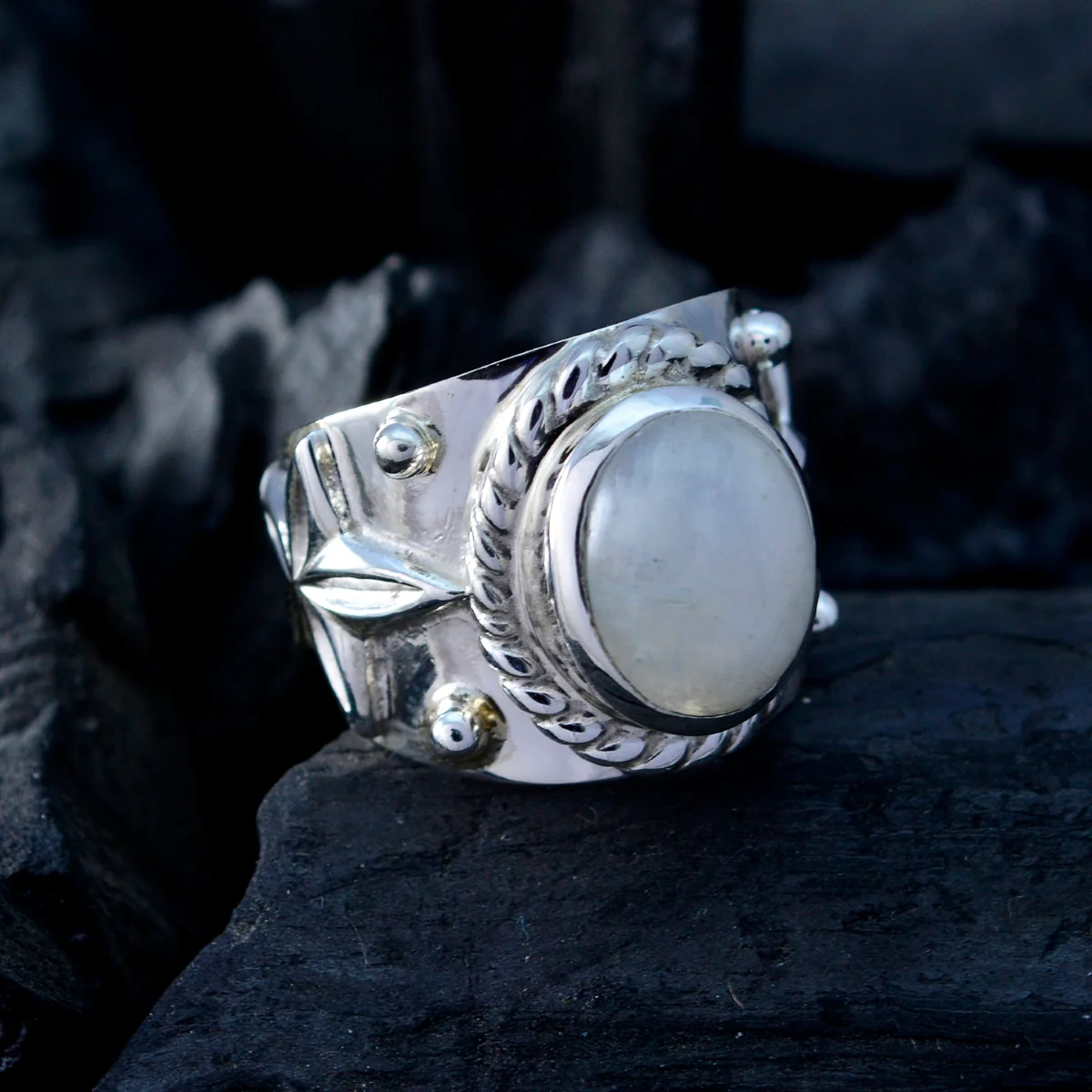 Rainbow Moonstone Solitaire French Sterling Silver White Gems Essential  Abstract Ring Jewellery - Image 4