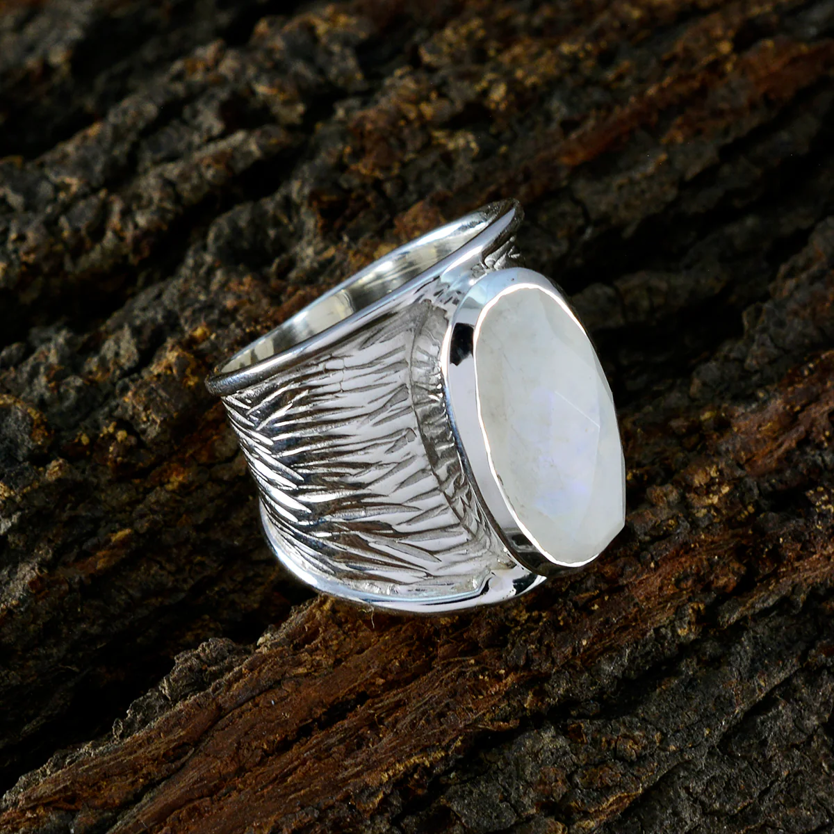 Rainbow Moonstone Solitaire German 92.5 Silver White Gemstone Statement Heritage Ring Jewellery - Image 3