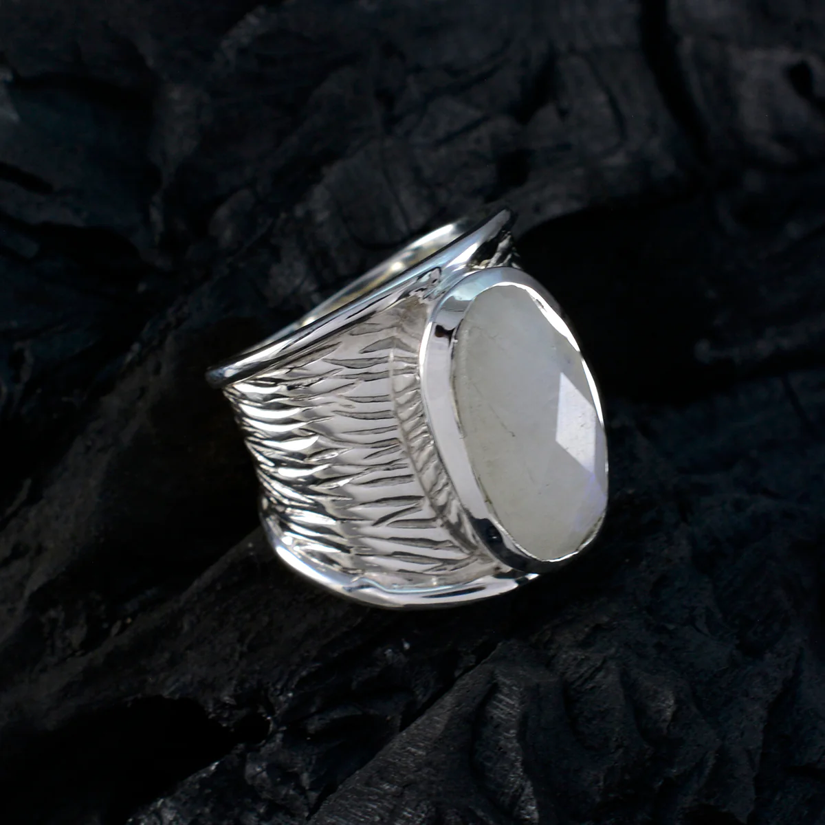 Rainbow Moonstone Solitaire German 92.5 Silver White Gemstone Statement Heritage Ring Jewellery - Image 4