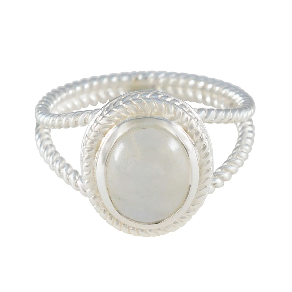Rainbow Moonstone Solitaire Italian Sterling Silver White Gemstones Classic Rope-Wire Ring Jewellery