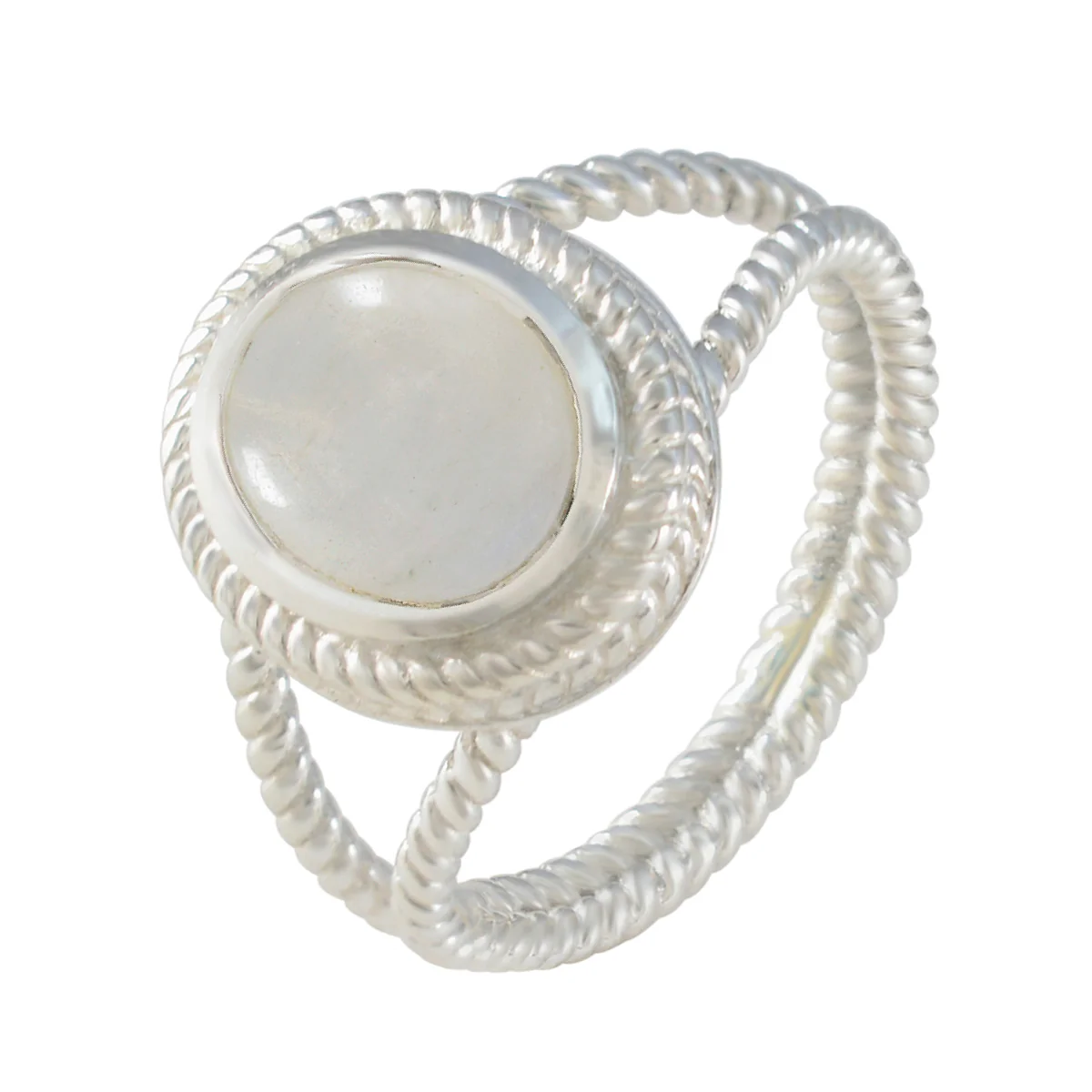 Rainbow Moonstone Solitaire Italian Sterling Silver White Gemstones Classic Rope-Wire Ring Jewellery - Image 2