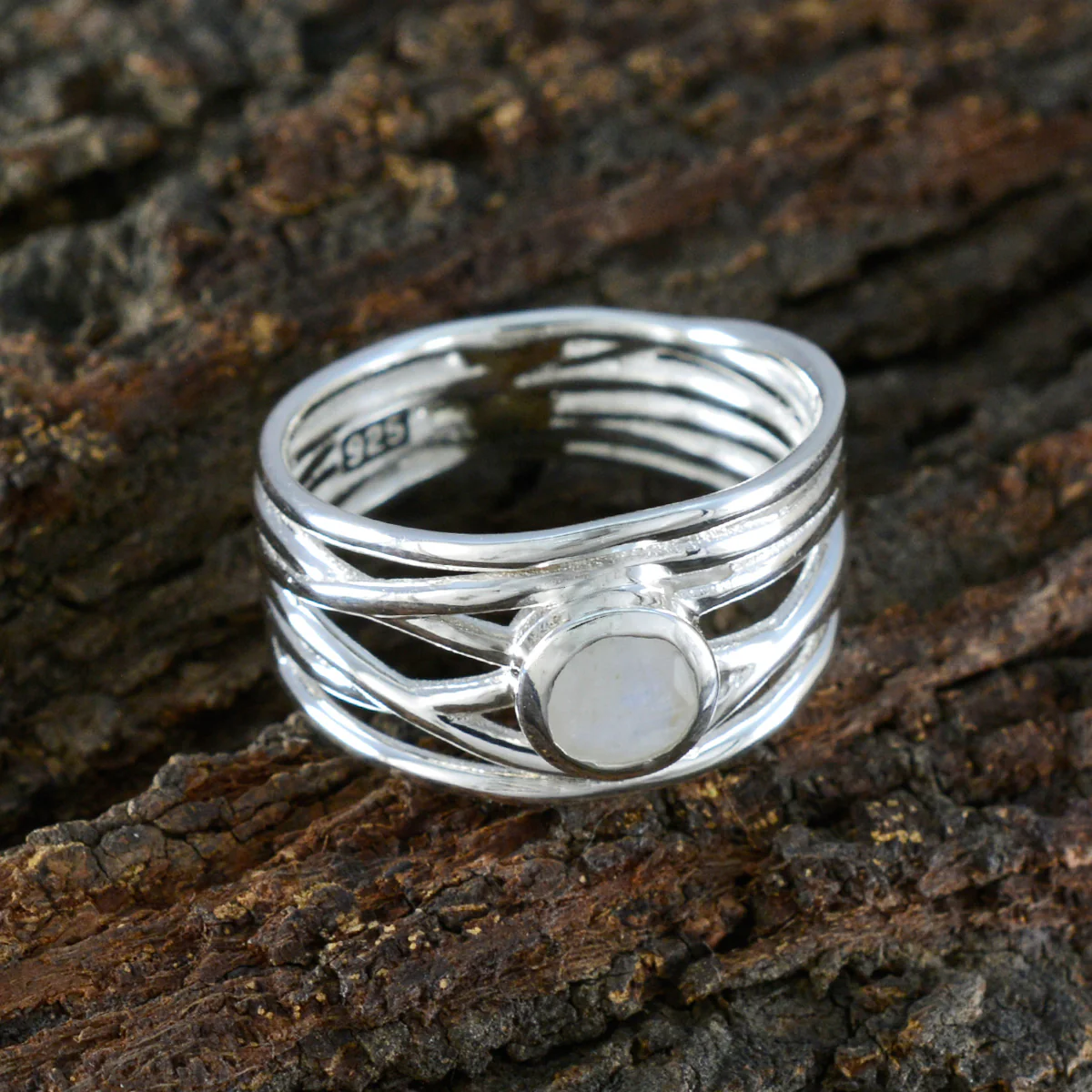 Rainbow Moonstone Solitaire Latin American 92.5 Silver White Gemstones Eye-catching Rope-Wire Band Jewelry - Image 3