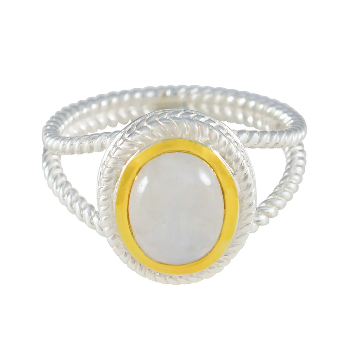 Rainbow Moonstone Solitaire Middle Eastern 925 Silver White Gems Classic Rope-Wire Ring Jewelry