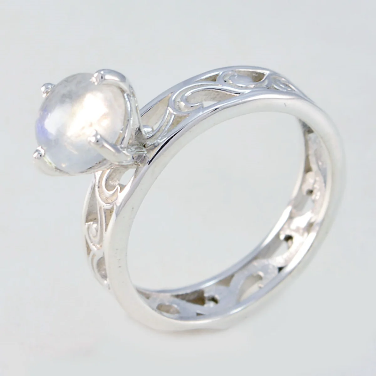Rainbow Moonstone Solitaire Spanish 92.5 Silver White Gems Slim Filigree Ring Jewelry - Image 2