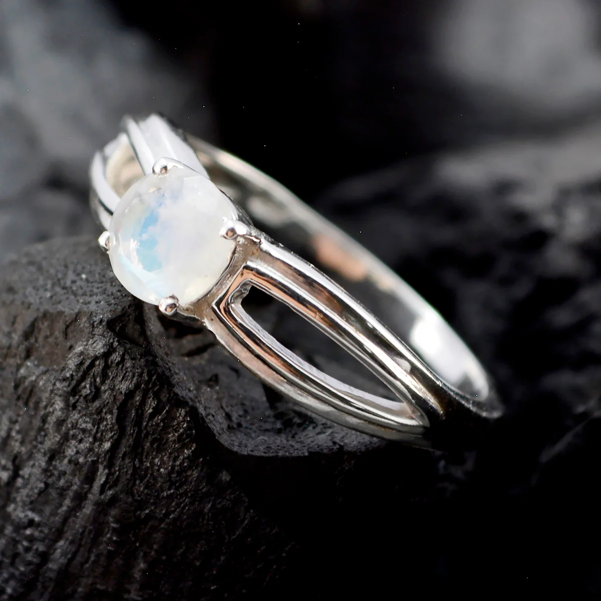 Rainbow Moonstone Solitaire Turkish 92.5 Silver White Gemstone Dainty Romantic Ring Jewellery - Image 3