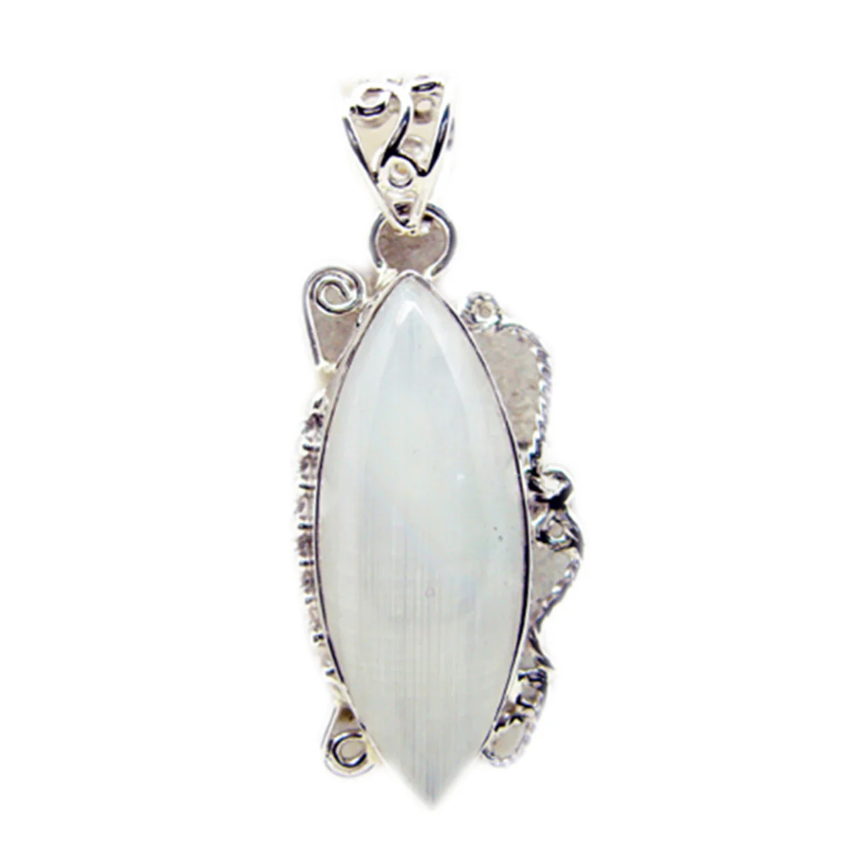 Rainbow Moonstone Statement Mexican Silver Solitaire Andrea Rope-Wire White Pendant Jewelry - Image 2