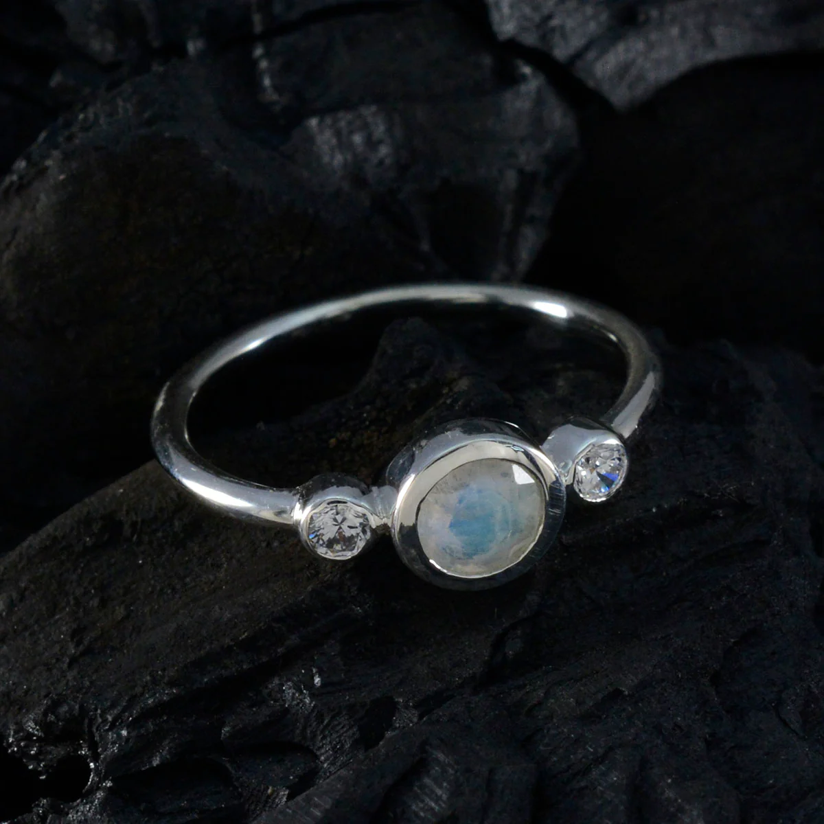 Rainbow Moonstone Trilogy American 925 Sterling Silver White Gemstone Elegant Luxurious Ring Jewellery - Image 4