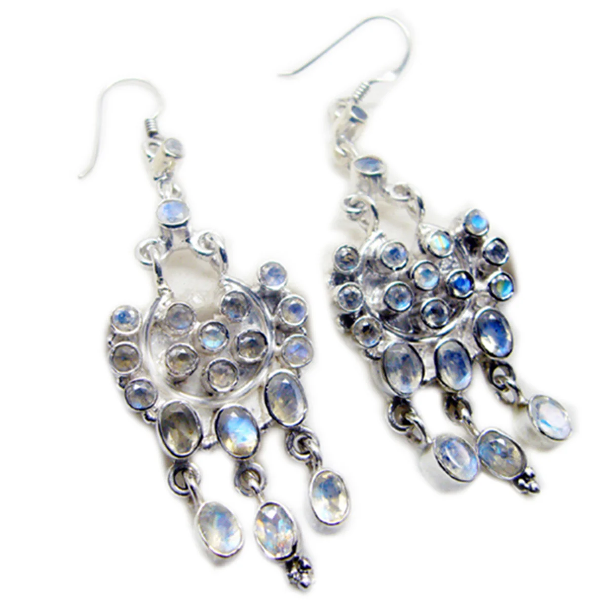 Rainbow Moonstone Turkish Noelia multiple Dangle White 925 Sterling Silver Earring