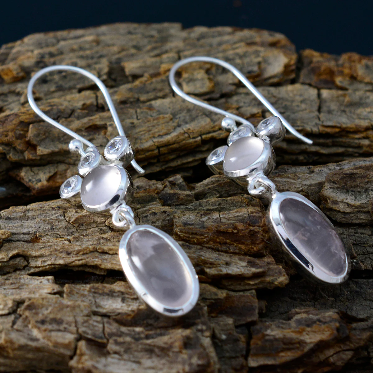 Rose Quartz Egyptian Hye-jin Toi et Moi Dangle Pink Silver Earring - Image 3