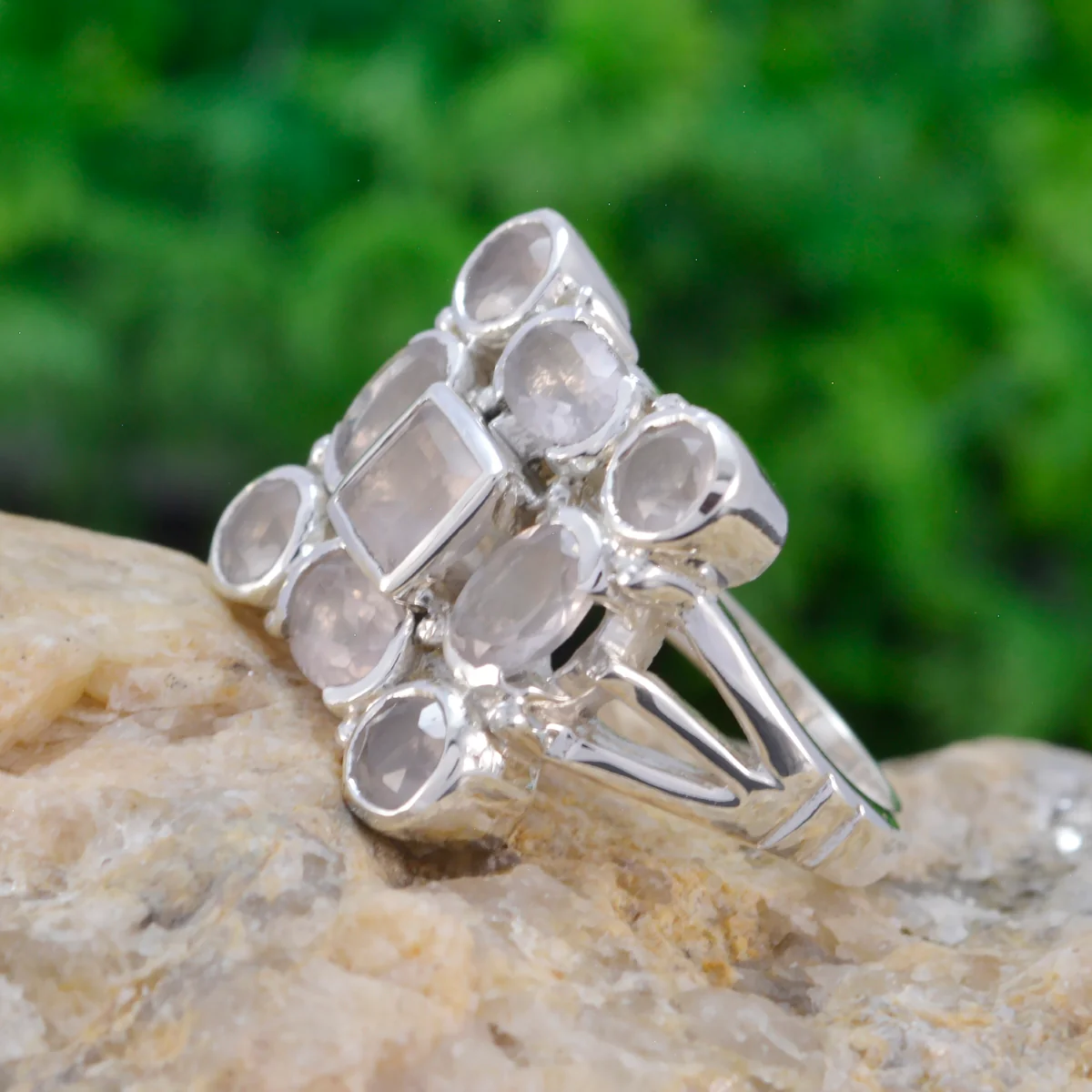 Rose Quartz Navratna French Silver Pink Gemstone Essential Abstract Ring Jewellery - Image 3