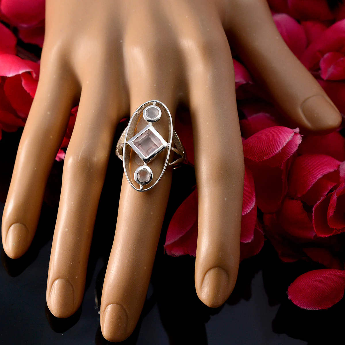 Rose Quartz Trilogy German Silver Pink Gems Slim Abstract Ring Jewelry - Image 5
