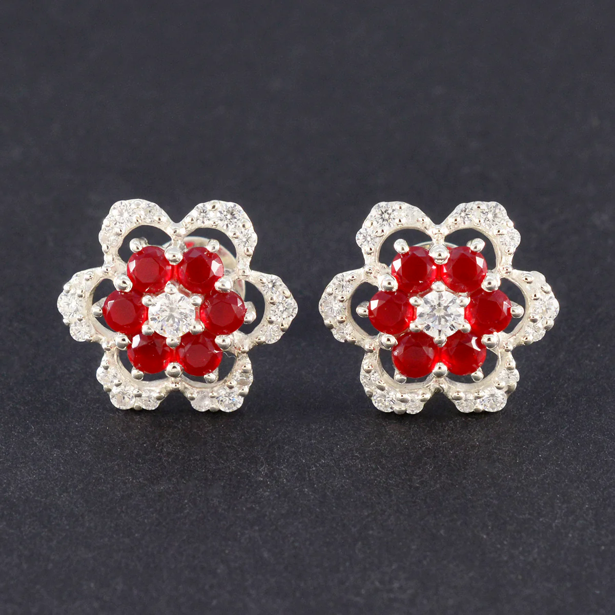 Ruby CZ American Fernanda multiple Stud Red 925 Silver Earring - Image 3