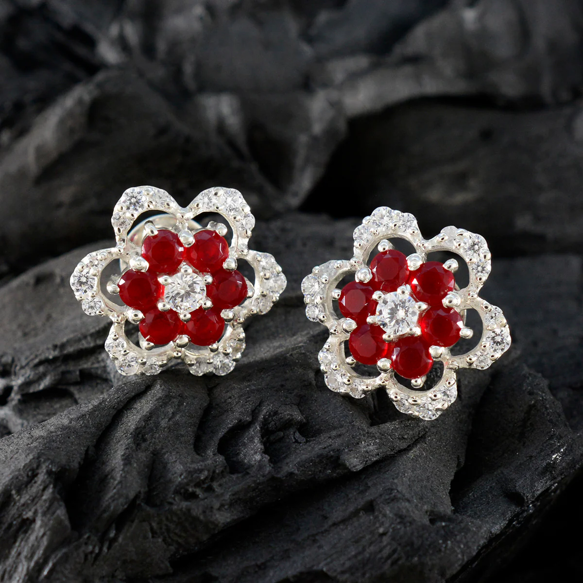 Ruby CZ American Fernanda multiple Stud Red 925 Silver Earring - Image 5