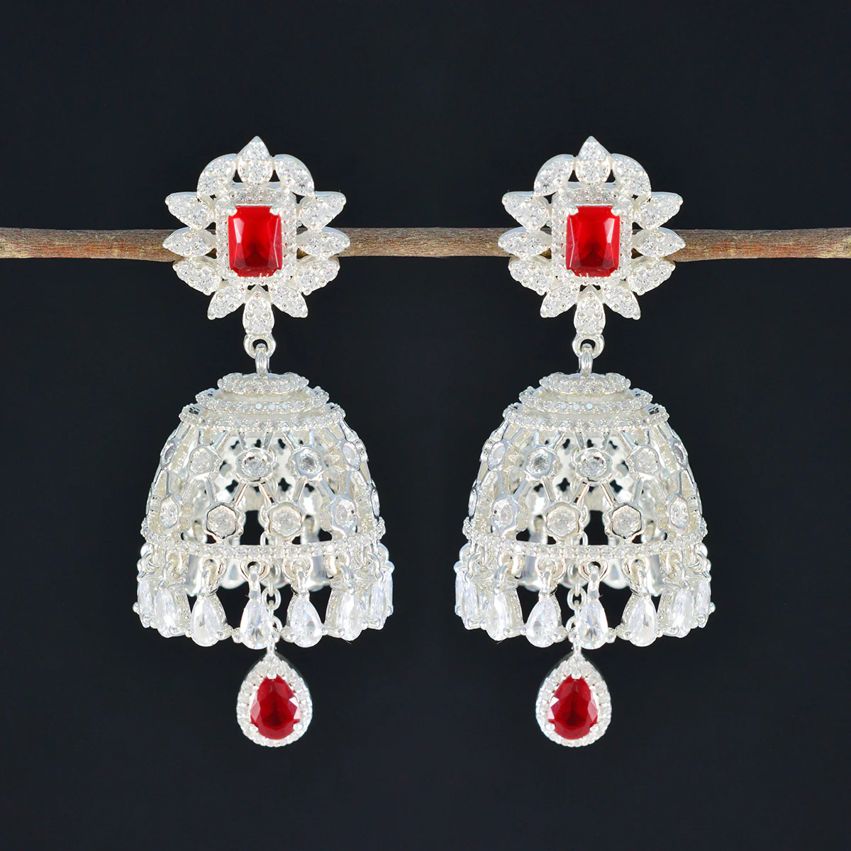 Ruby CZ Indian Araya multiple Stud Red 925 Sterling Silver Earring - Image 2
