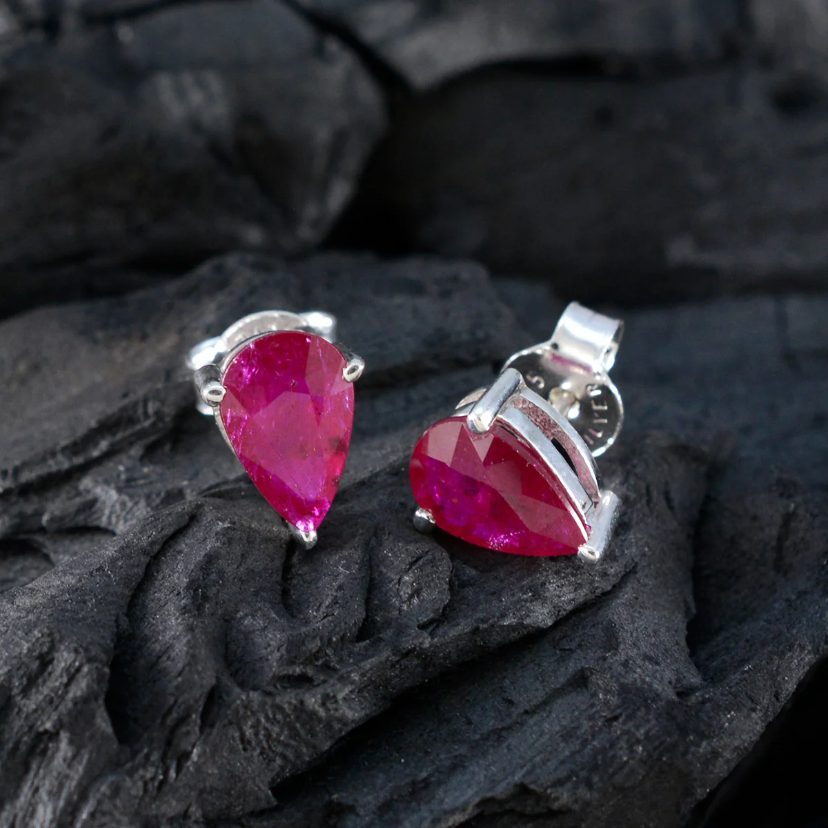 Ruby French Sakura Solitaire Stud Red Silver Earring - Image 4