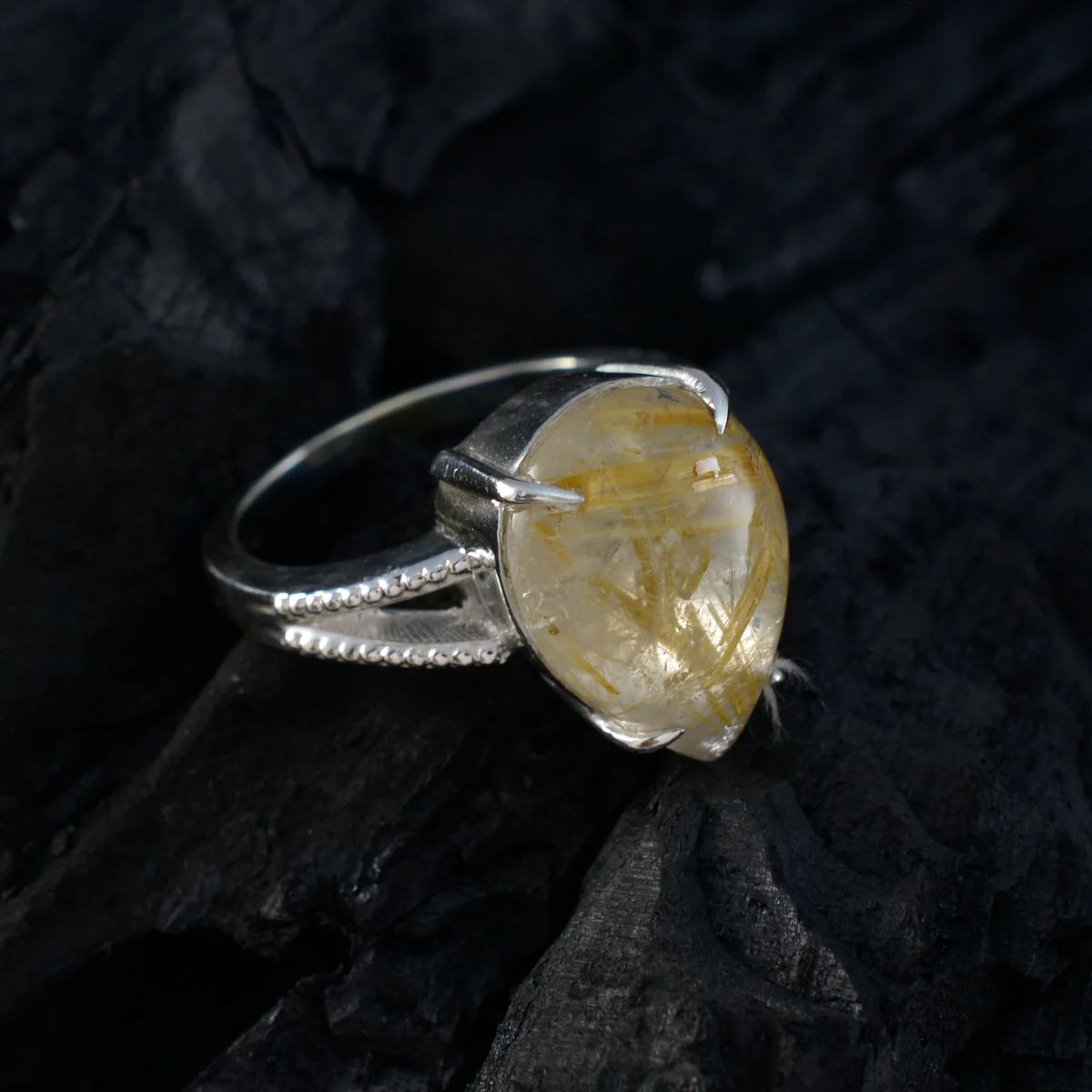 Rutile Quartz Solitaire Moroccan 925 Silver Yellow Gemstone Eye-catching wedding Ring Jewellery - Image 4