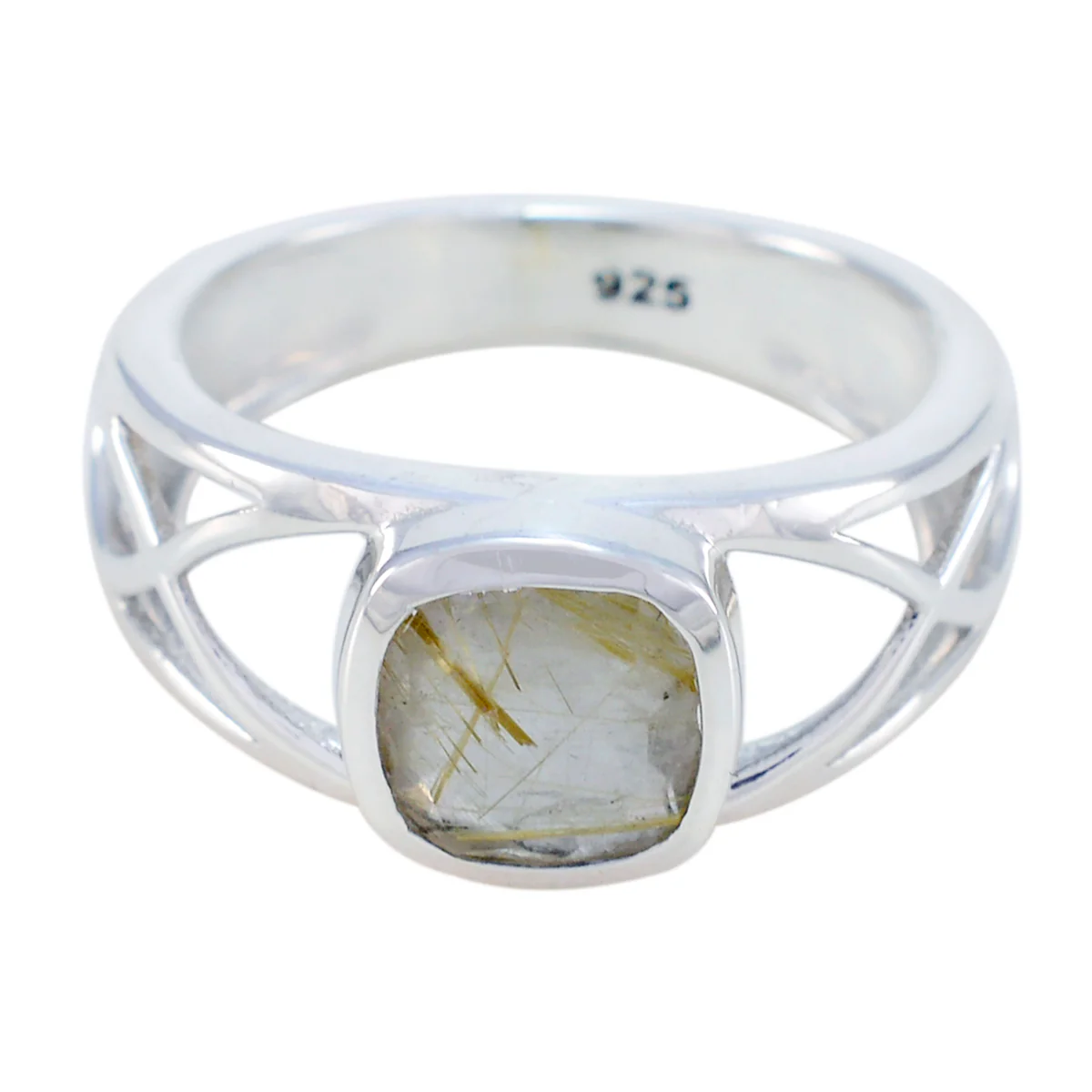 Rutile Quartz Solitaire Russian 925 Silver Black Gemstone Slim Contemporary Ring Jewelry