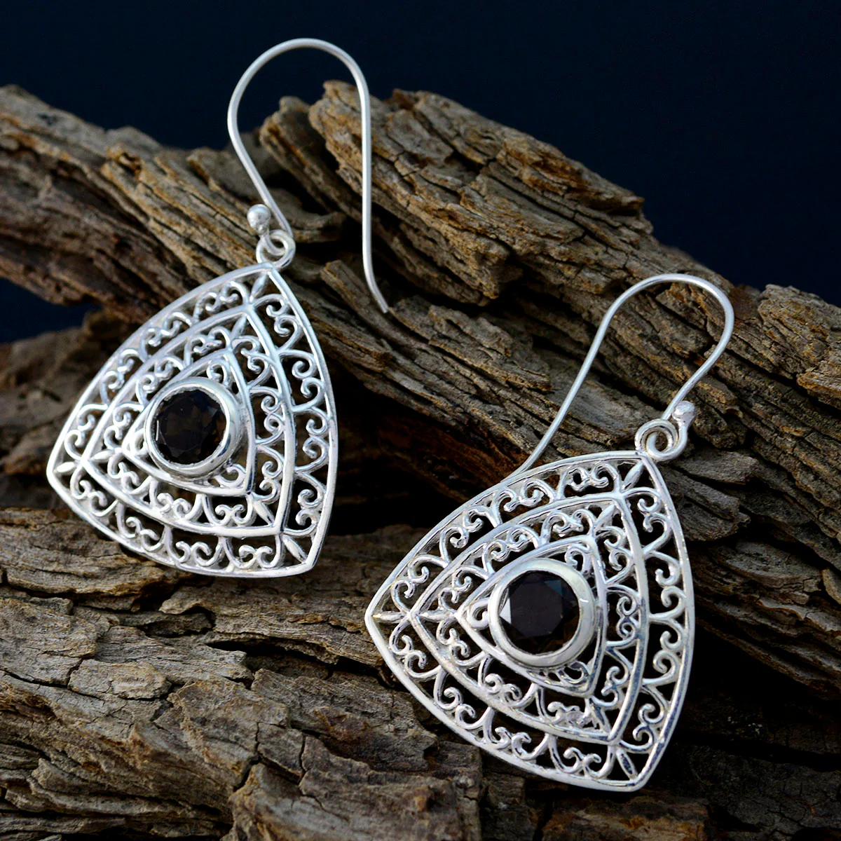 Smoky Quartz Egyptian Bianca Solitaire Dangle Brown 925 Silver Earring - Image 3