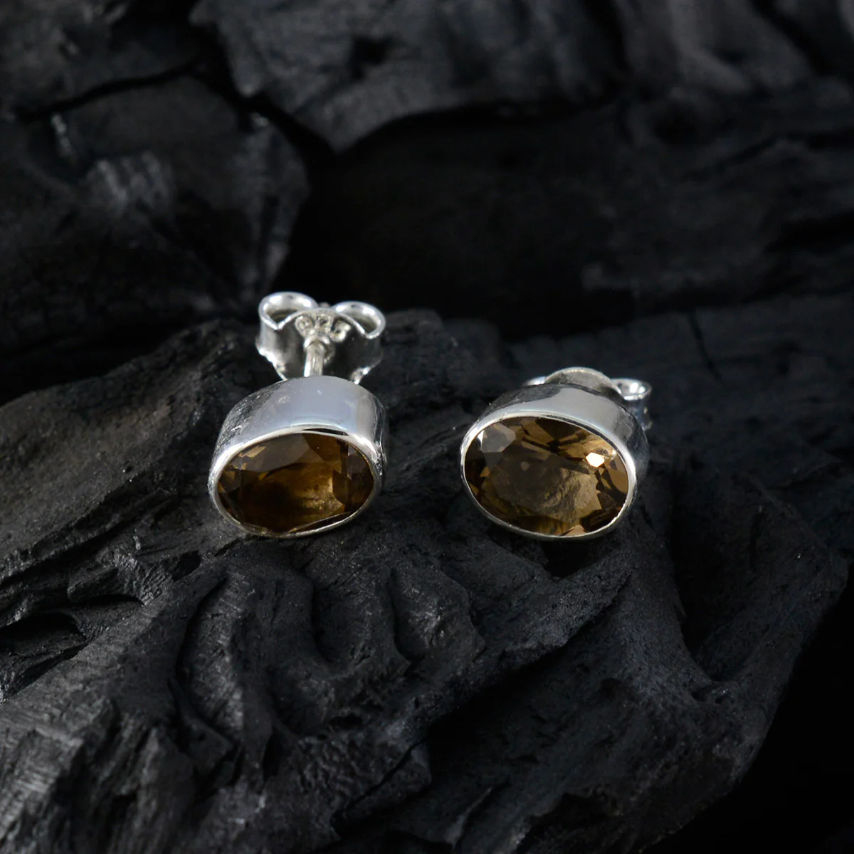 Smoky Quartz Egyptian Camila Solitaire Stud Brown 925 Silver Earring - Image 3