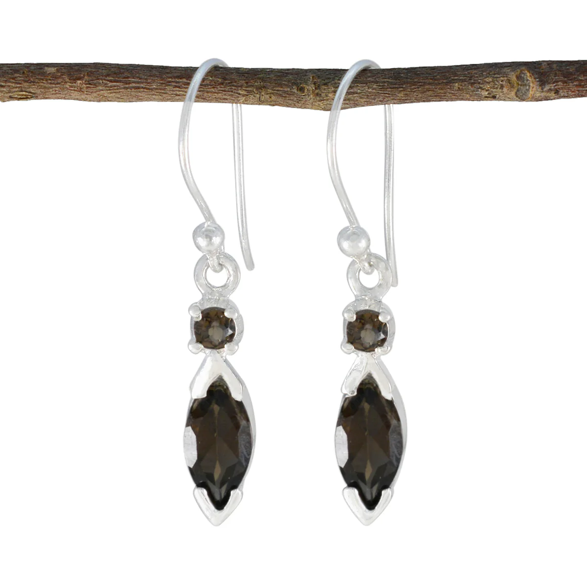 Smoky Quartz Egyptian Nella Toi et Moi Dangle Brown Sterling Silver Earring