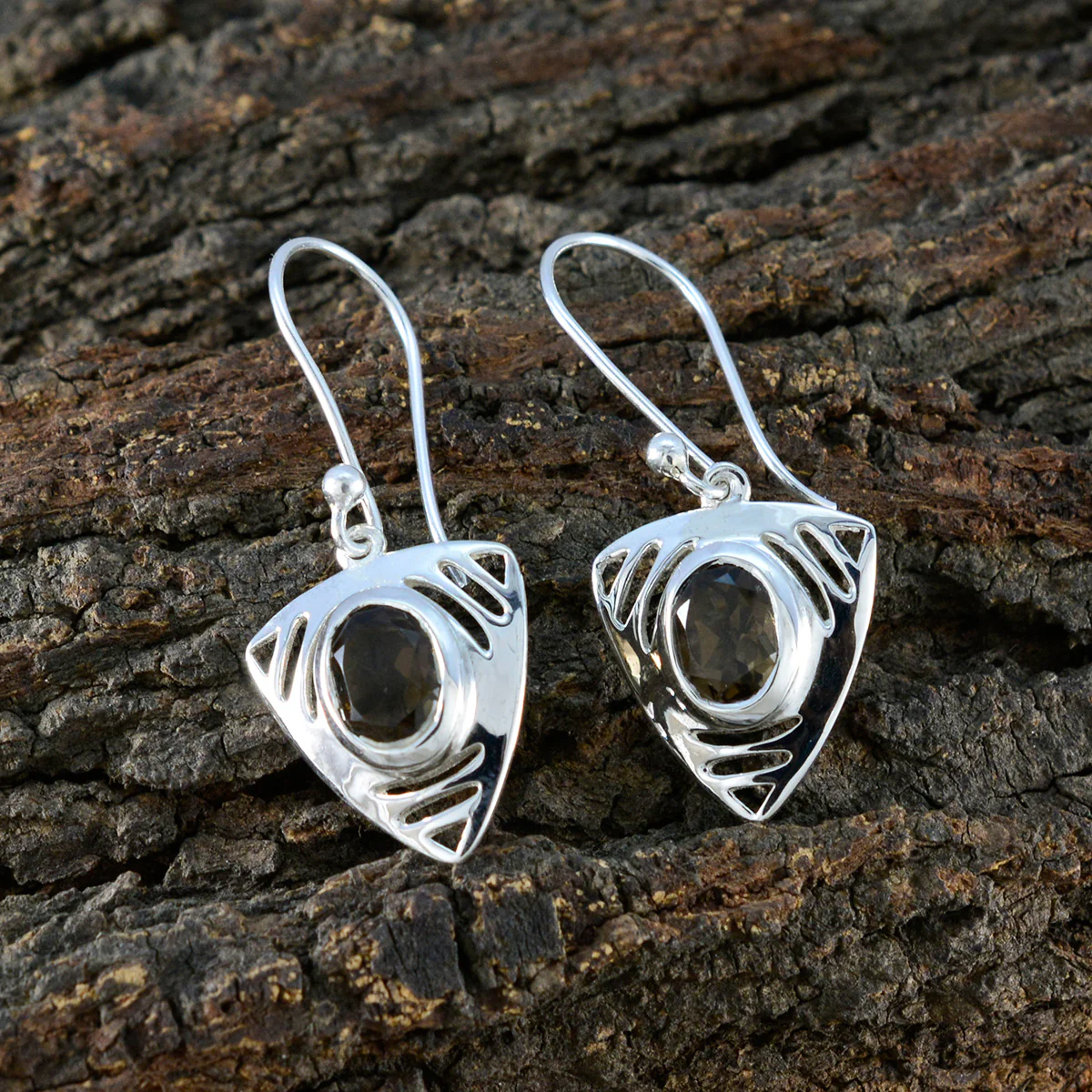 Smoky Quartz German Ana Solitaire Dangle Brown 925 Silver Earring - Image 4