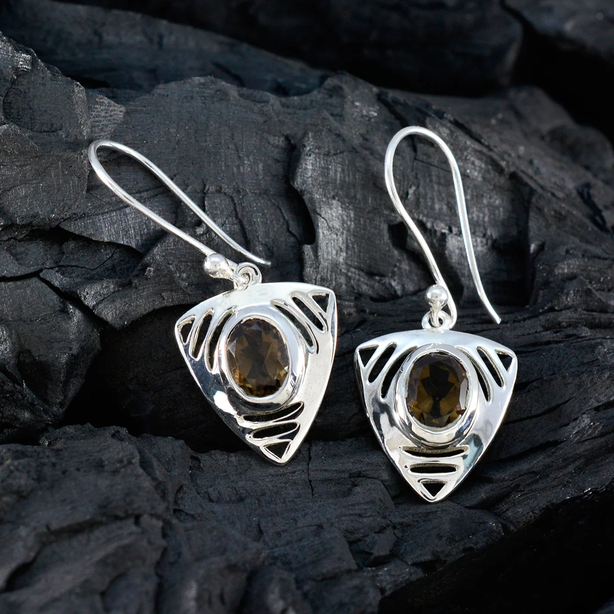 Smoky Quartz German Ana Solitaire Dangle Brown 925 Silver Earring - Image 5